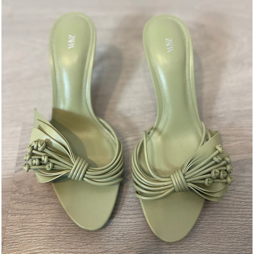 Zara Sage Green Rosette Mule Heels Strappy Sandals NWT - Picture 13 of 16